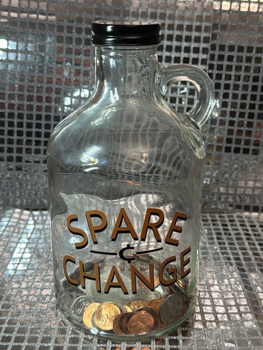 Clear Glass Coin Jar with Black Lid and Gold Lettering